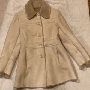 Larry Levine Cream Faux Suede Coat With Faux Fur Collar and Lining